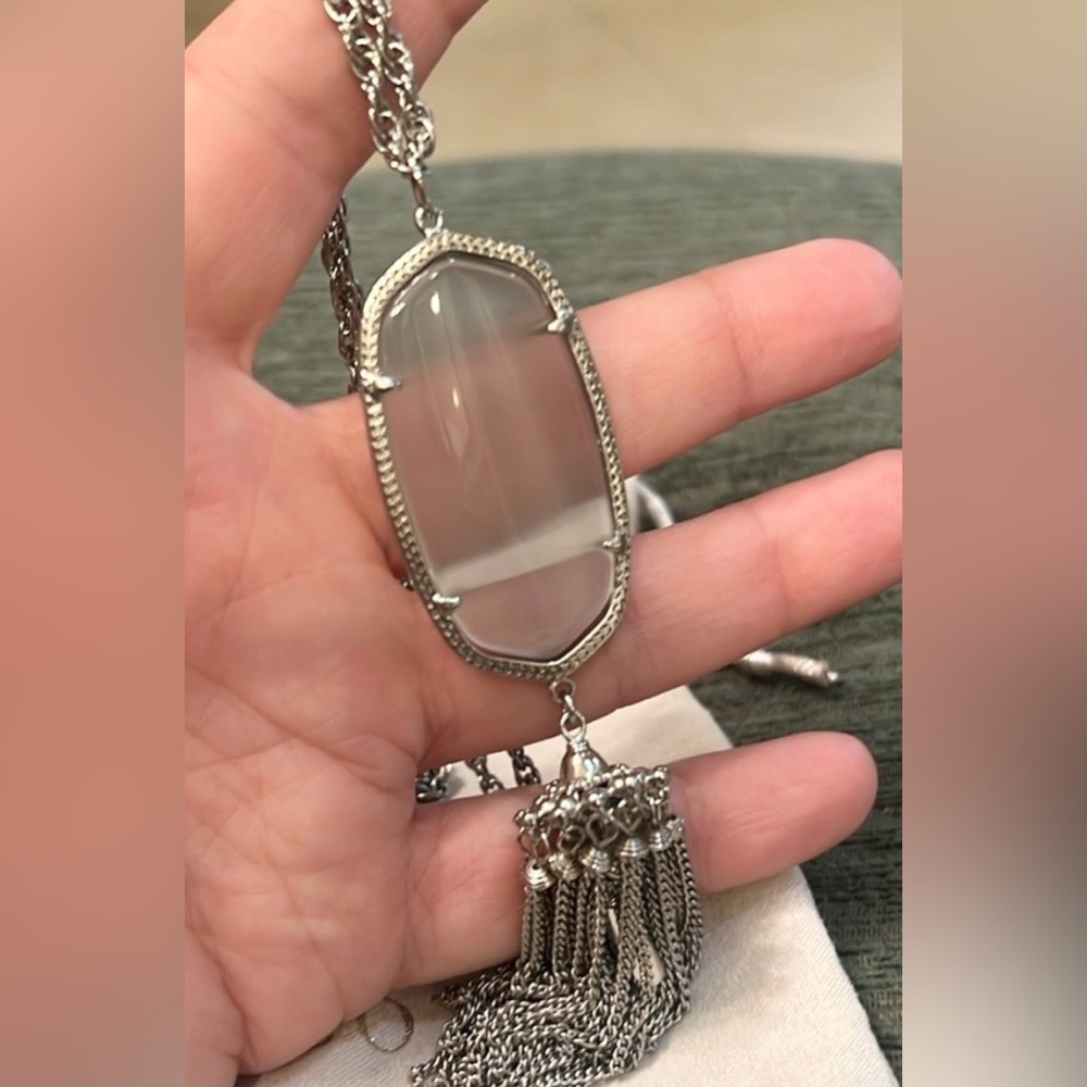 Kendra Scott Rayne Silver Tassel Pendant Necklace Gray Stone Long Statement